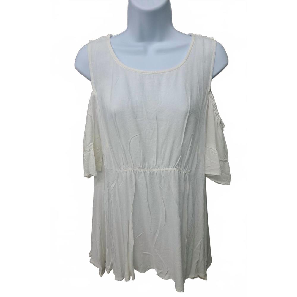 NEW LLOVE women's flowy linen cold shoulder pull over blouse in white